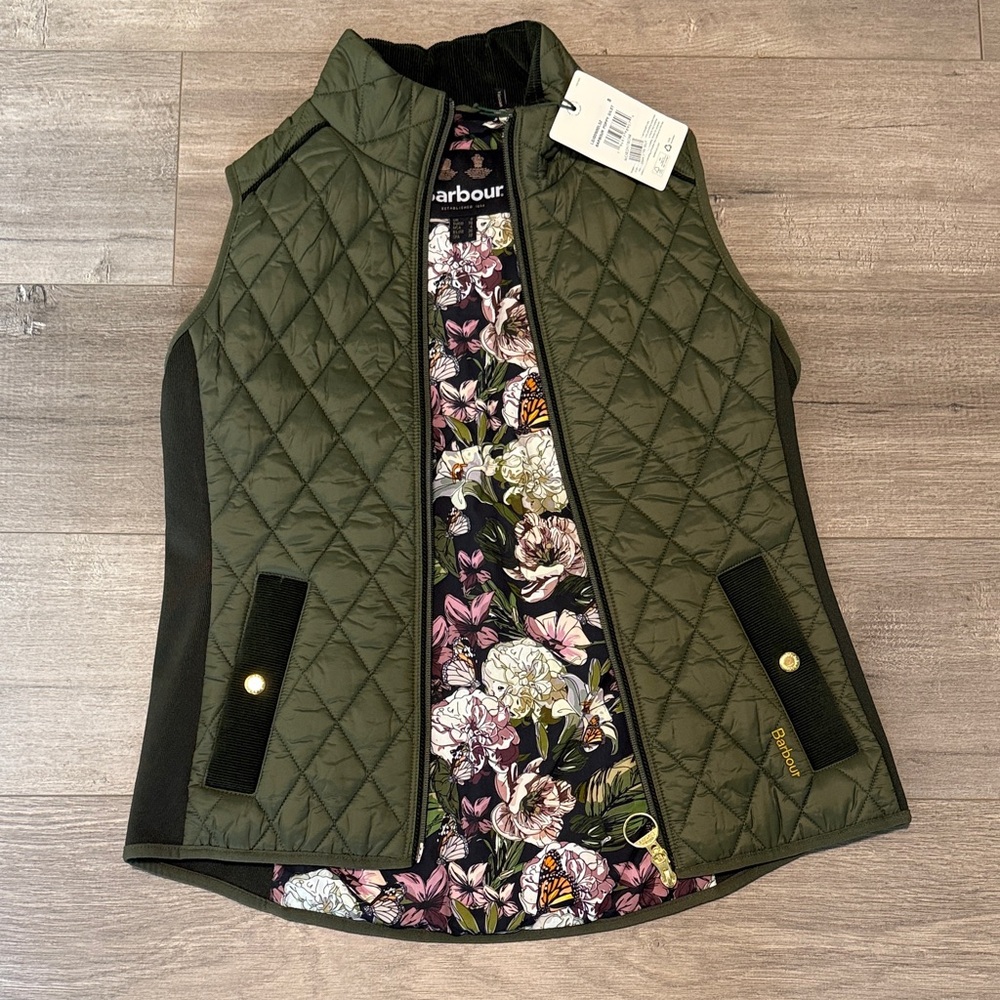 Barbour Olive Quilted Vest with Floral Lining